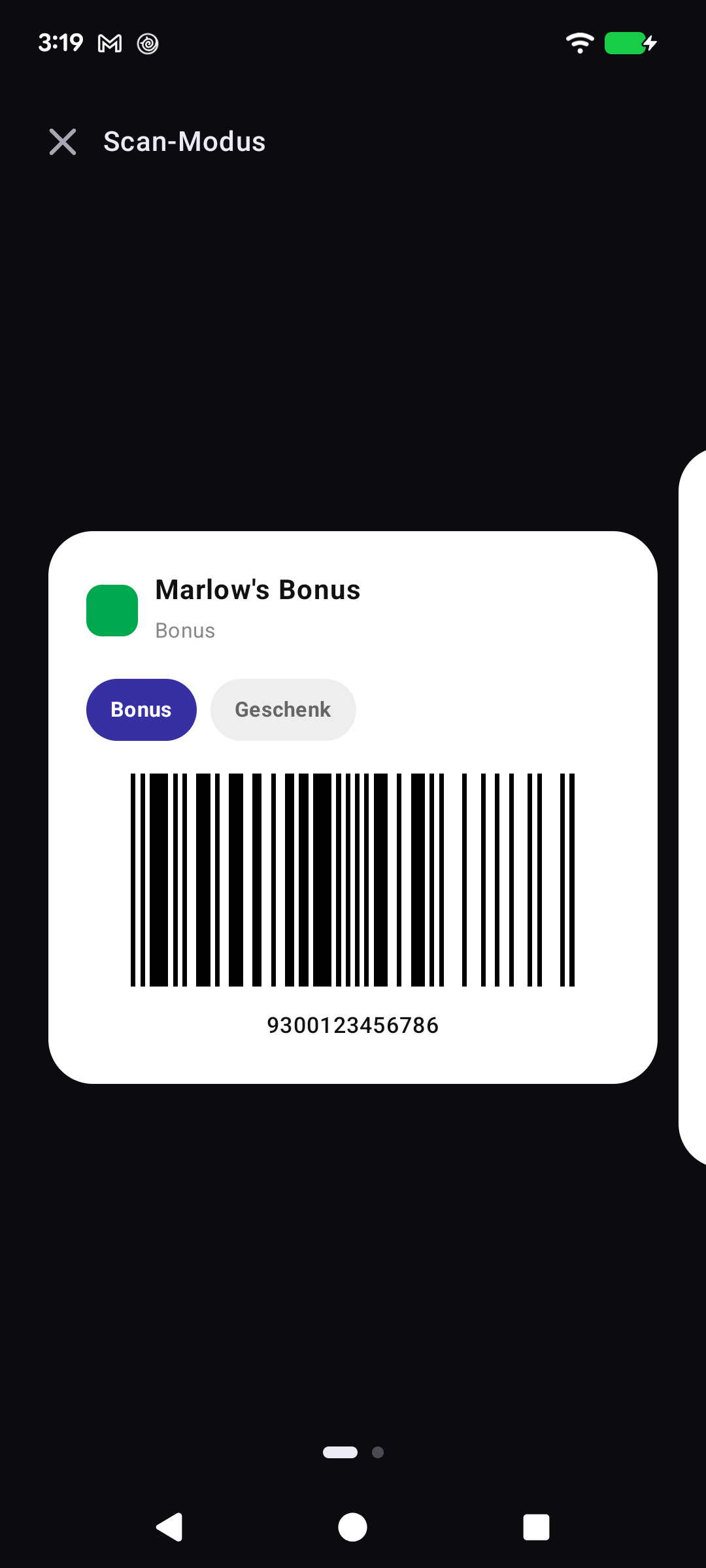 Scan-Modus mit einem Rewards-Barcode auf dunklem Hintergrund