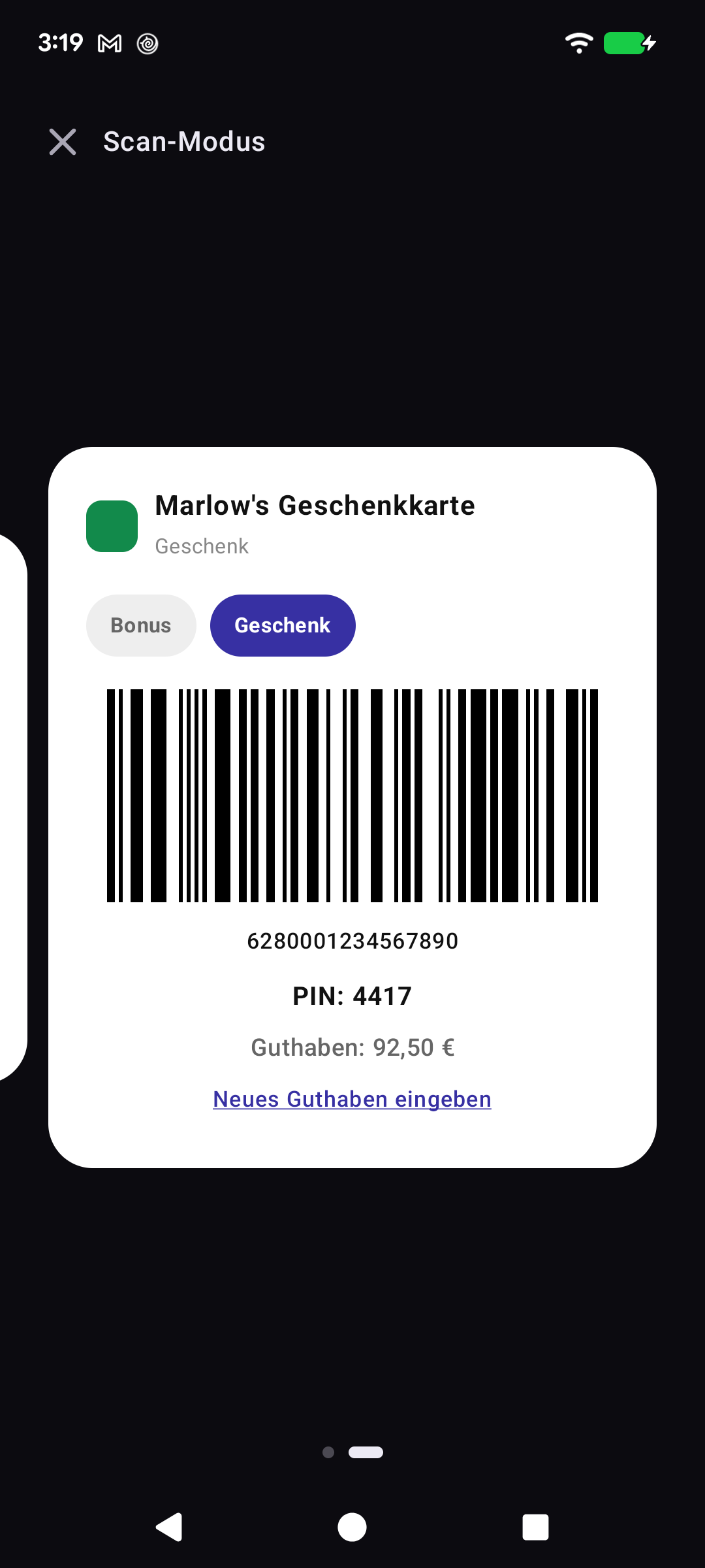 Geschenkkarte im Scan-Modus mit PIN und Restguthaben