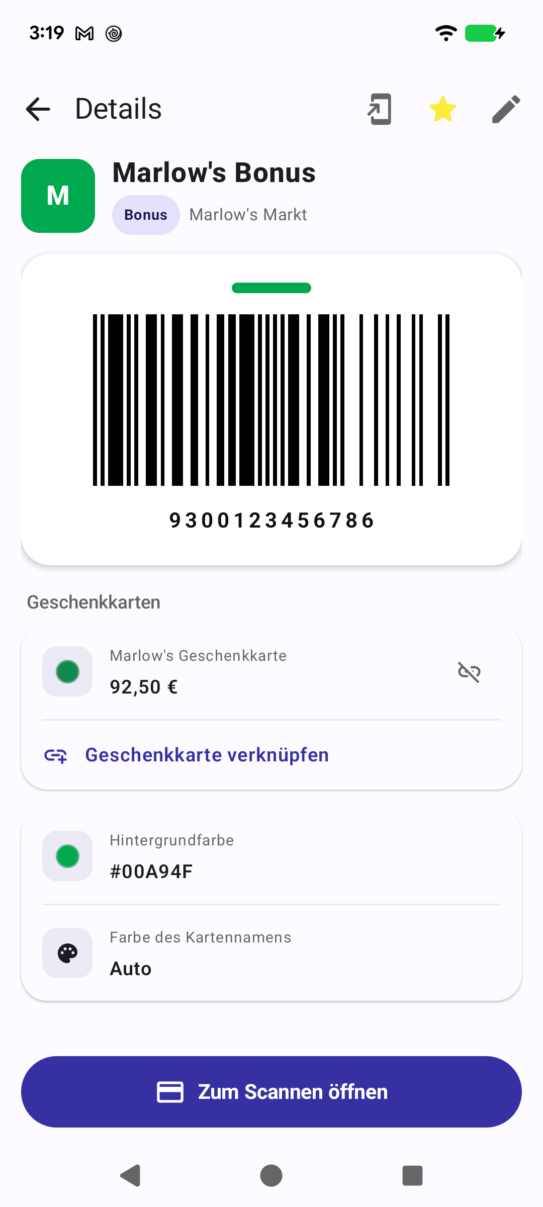 Kartendetail mit Barcode und Schaltfläche „Zum Scannen öffnen