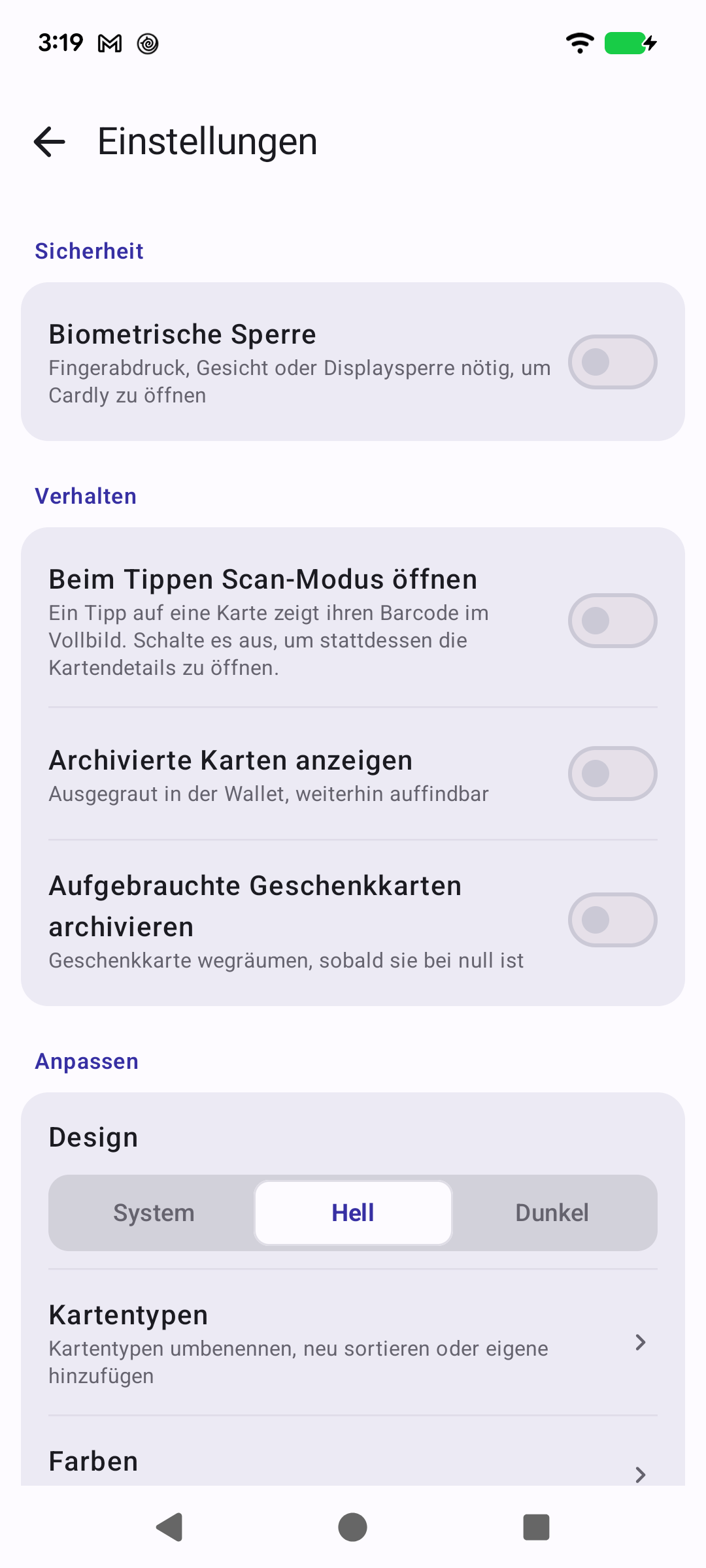 Einstellungen mit den Bereichen Sicherheit, Verhalten und Anpassen