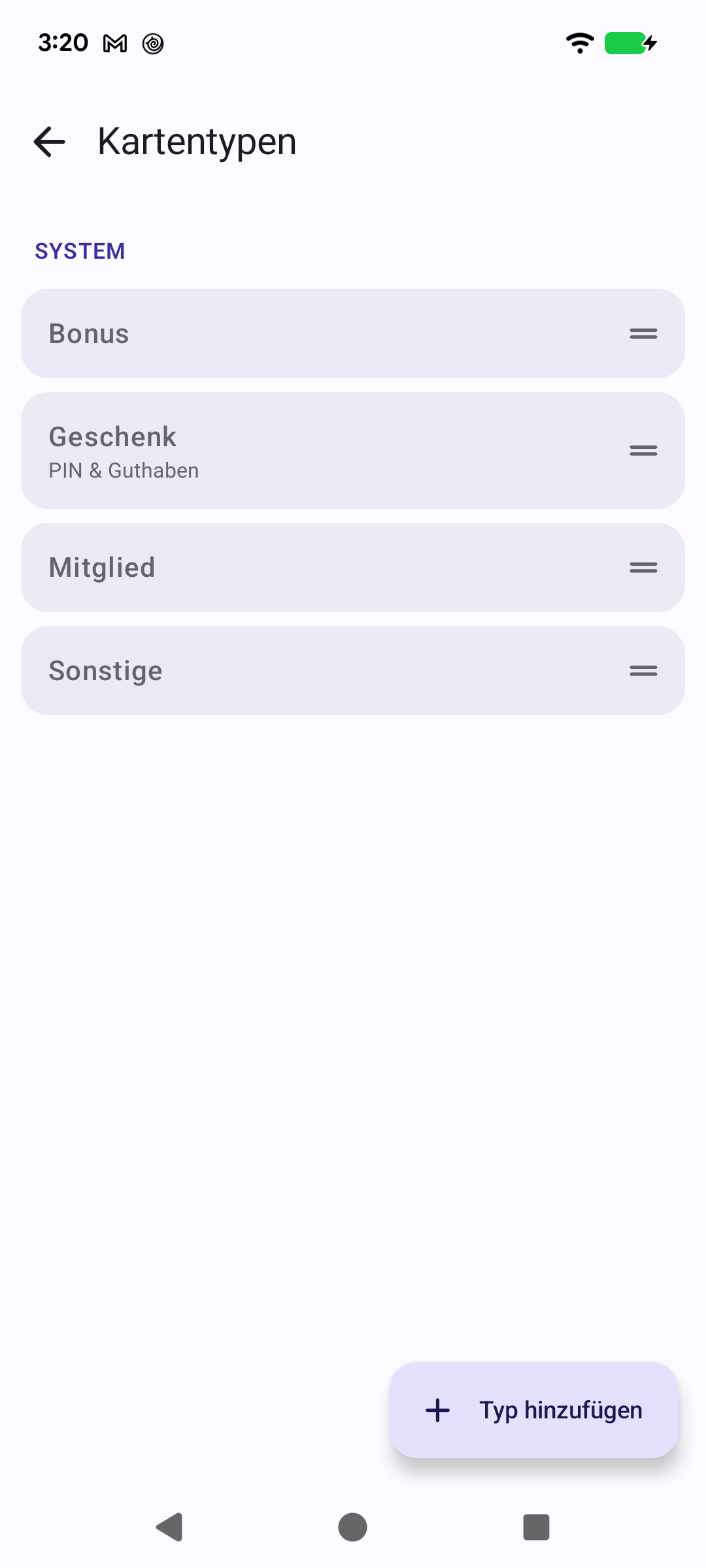 Bildschirm „Kartentypen