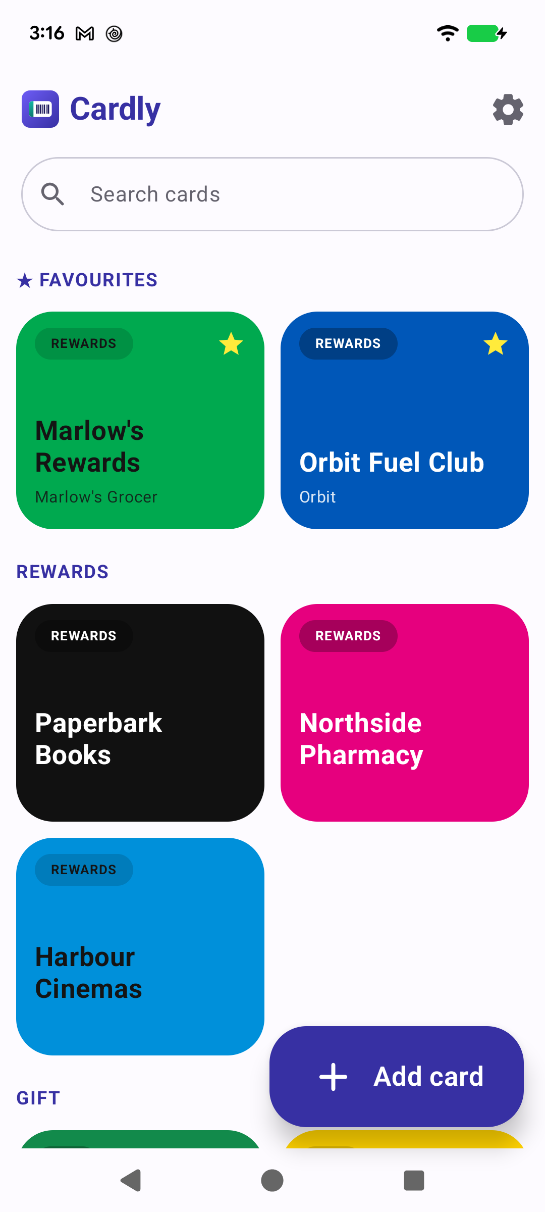 Cardly wallet showing Favourites and Rewards sections