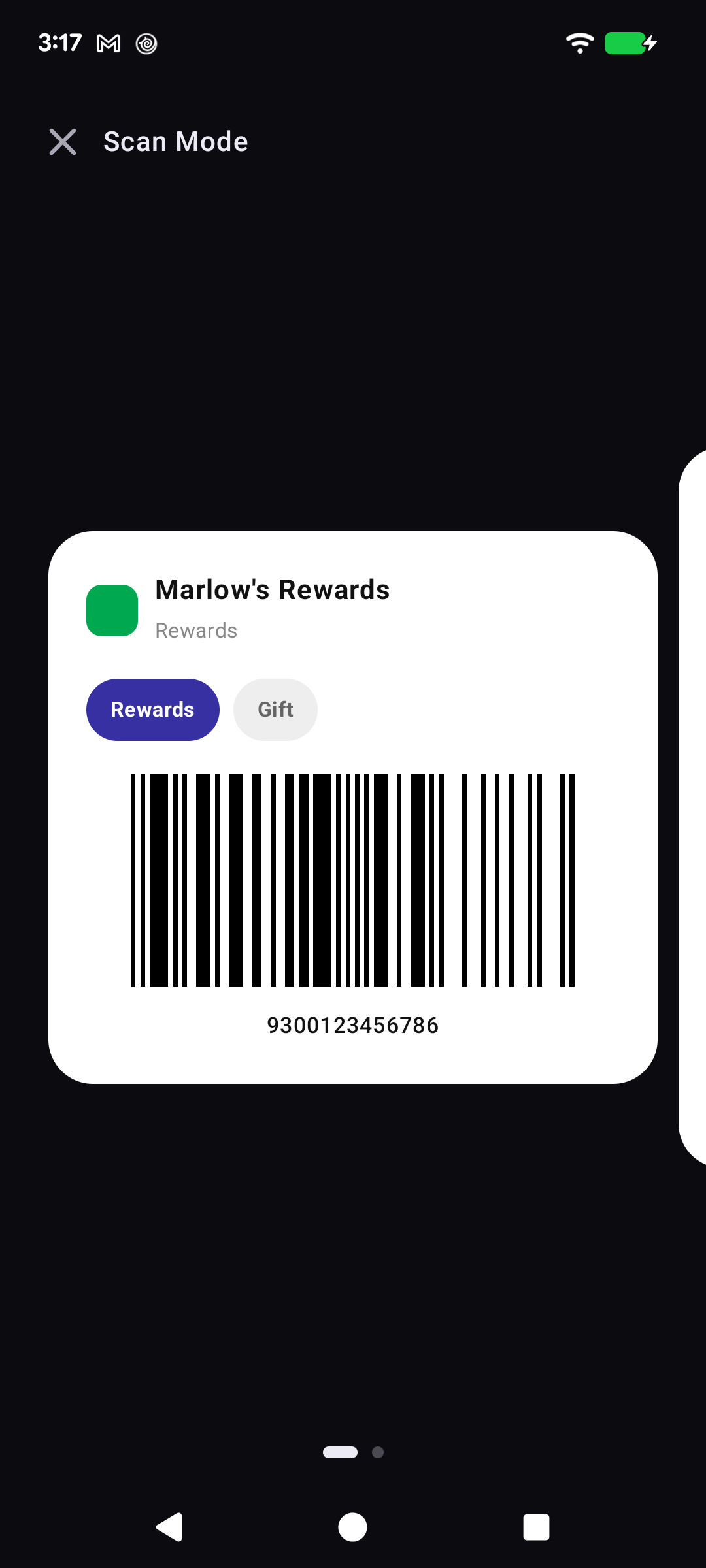Scan Mode showing a rewards barcode on a dark background
