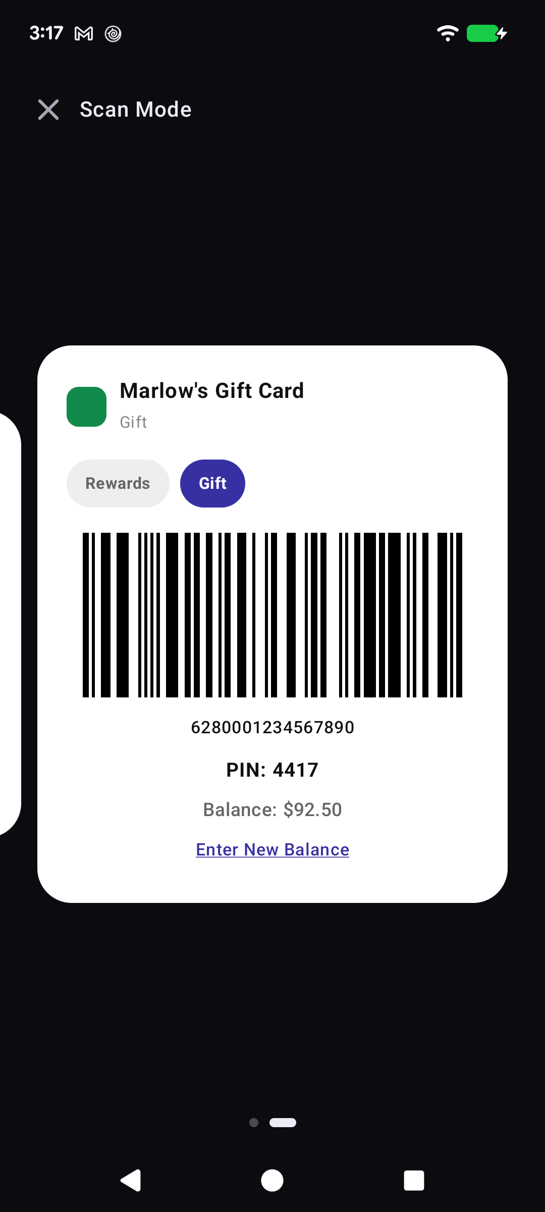 Gift card in Scan Mode showing PIN and remaining balance