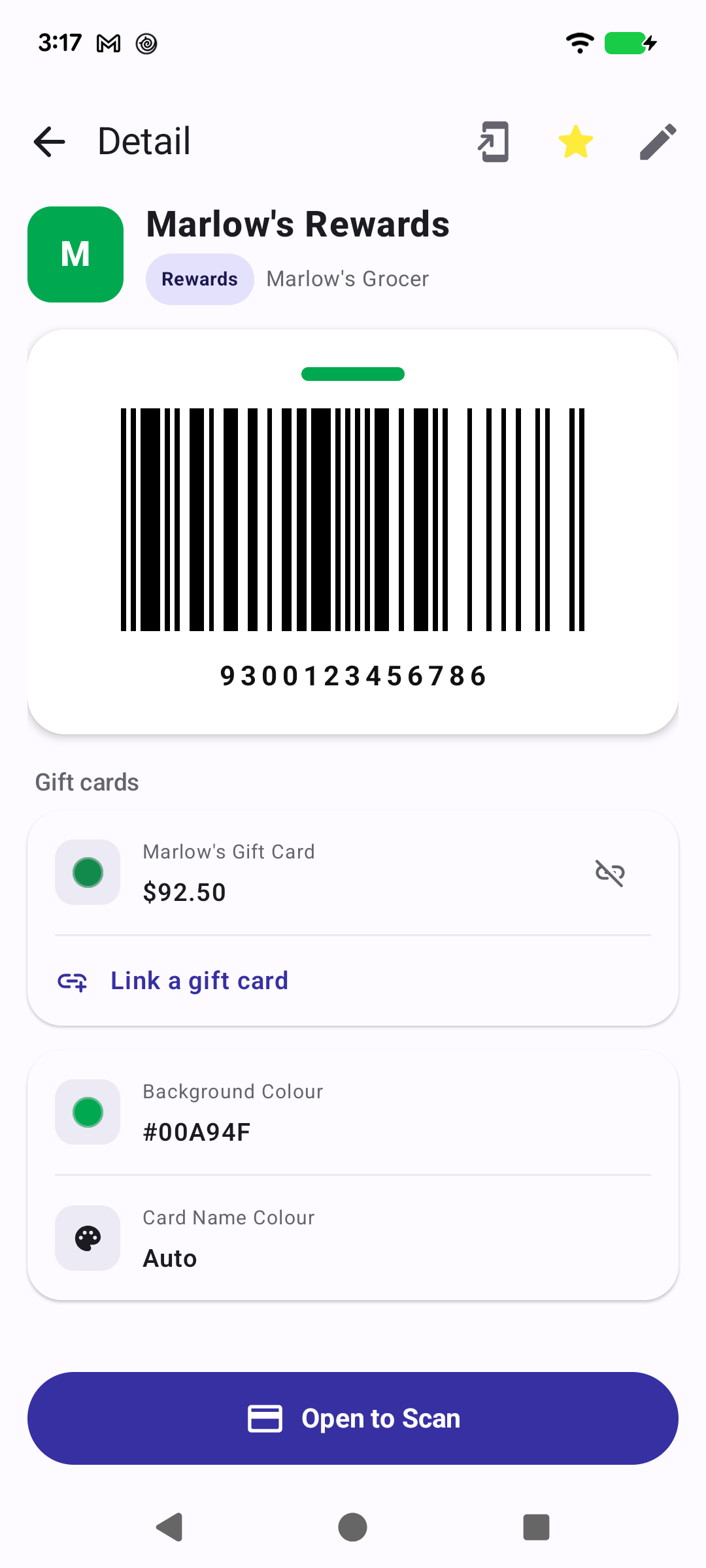 Card detail screen with barcode and Open to Scan button