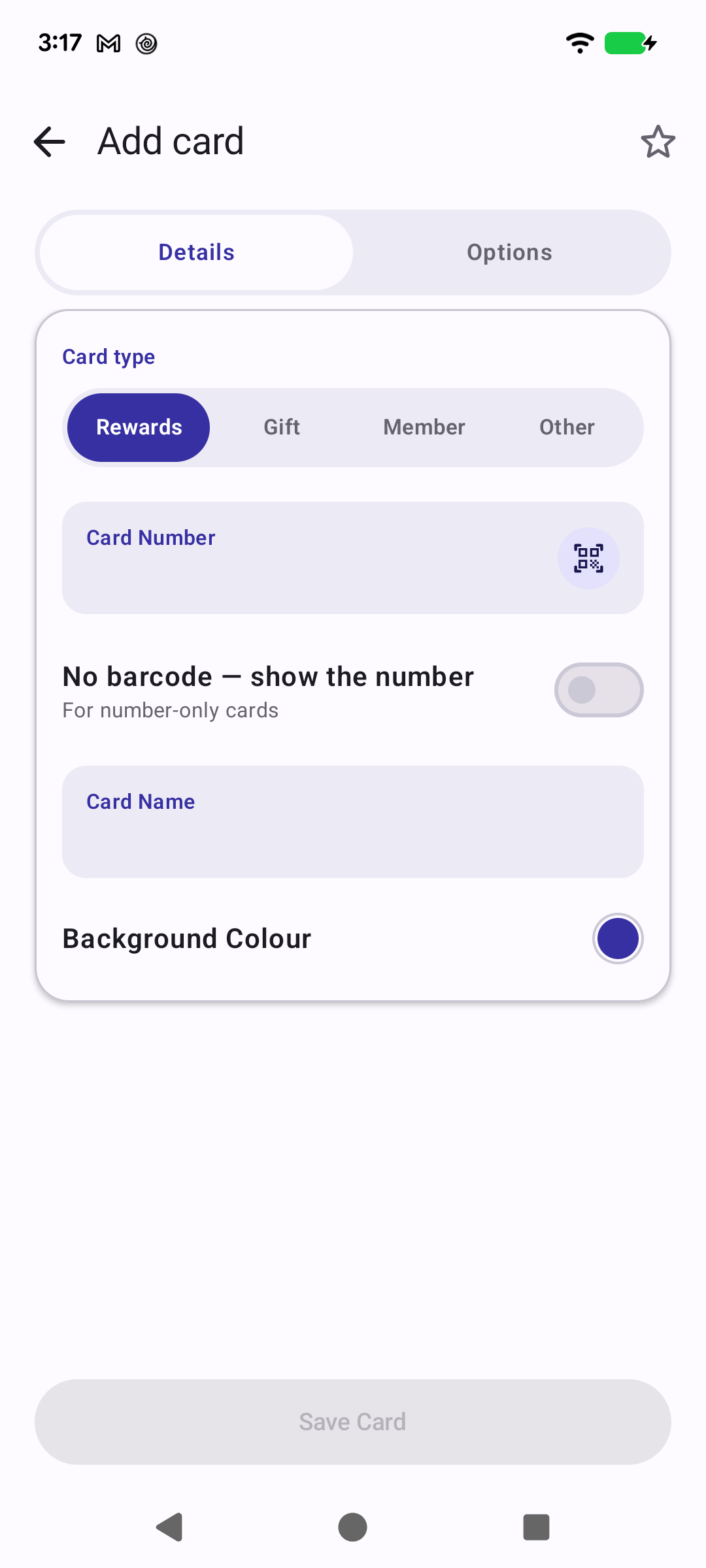 Add card screen with card type chips, number field and colour picker