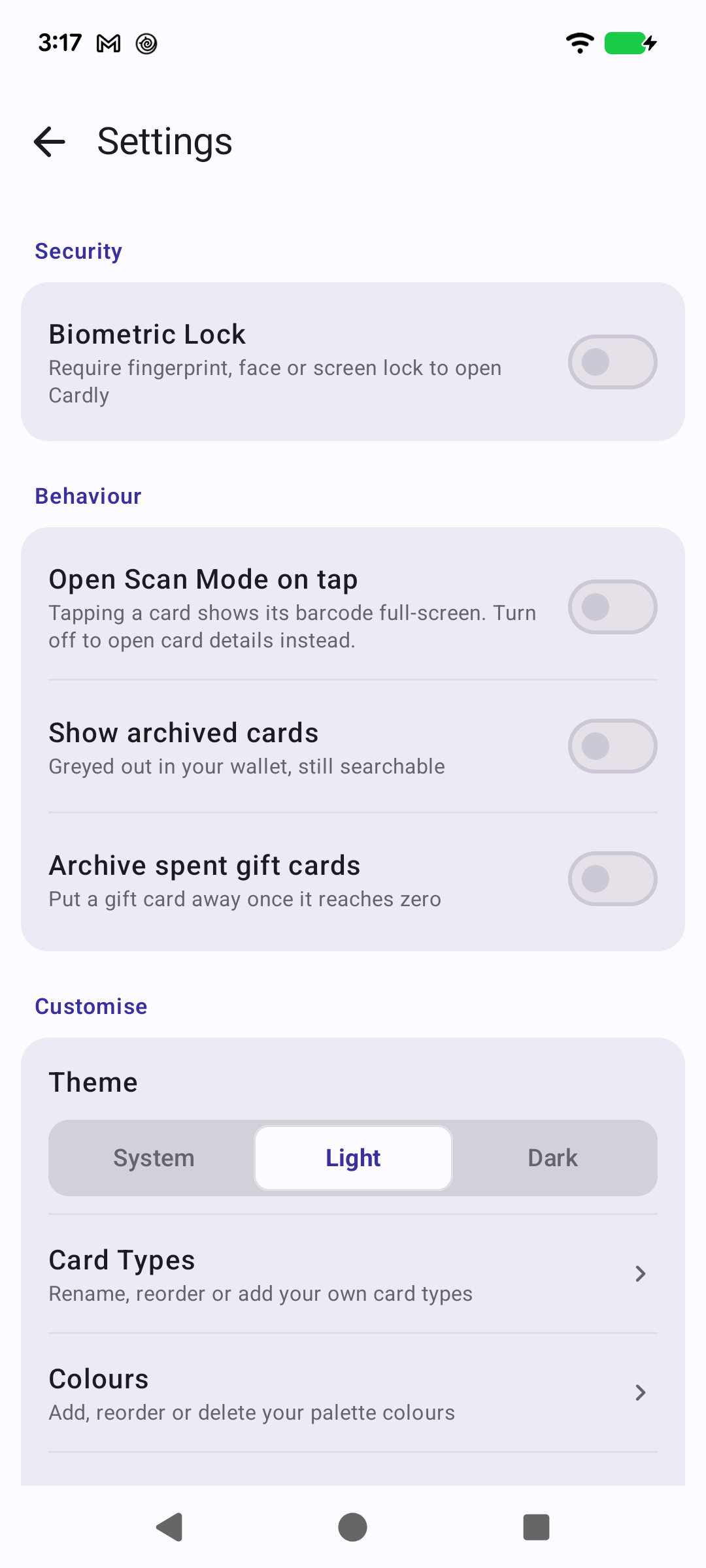 Settings screen with Security, Behaviour and Customise sections