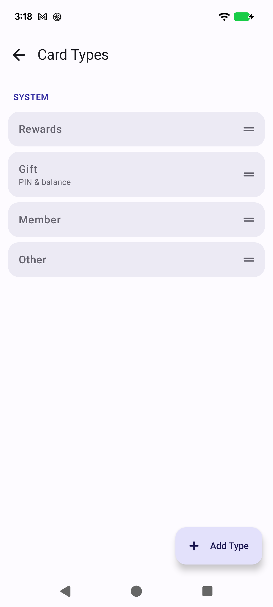 Card Types screen listing Rewards, Gift, Member and Other