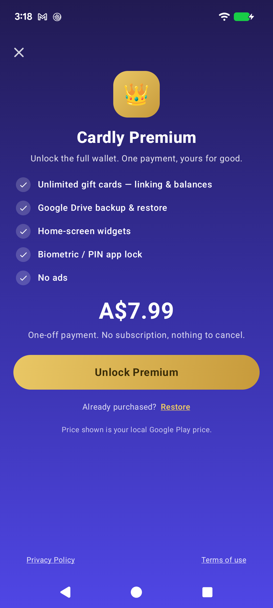 Cardly Premium screen listing five features and a one-off price