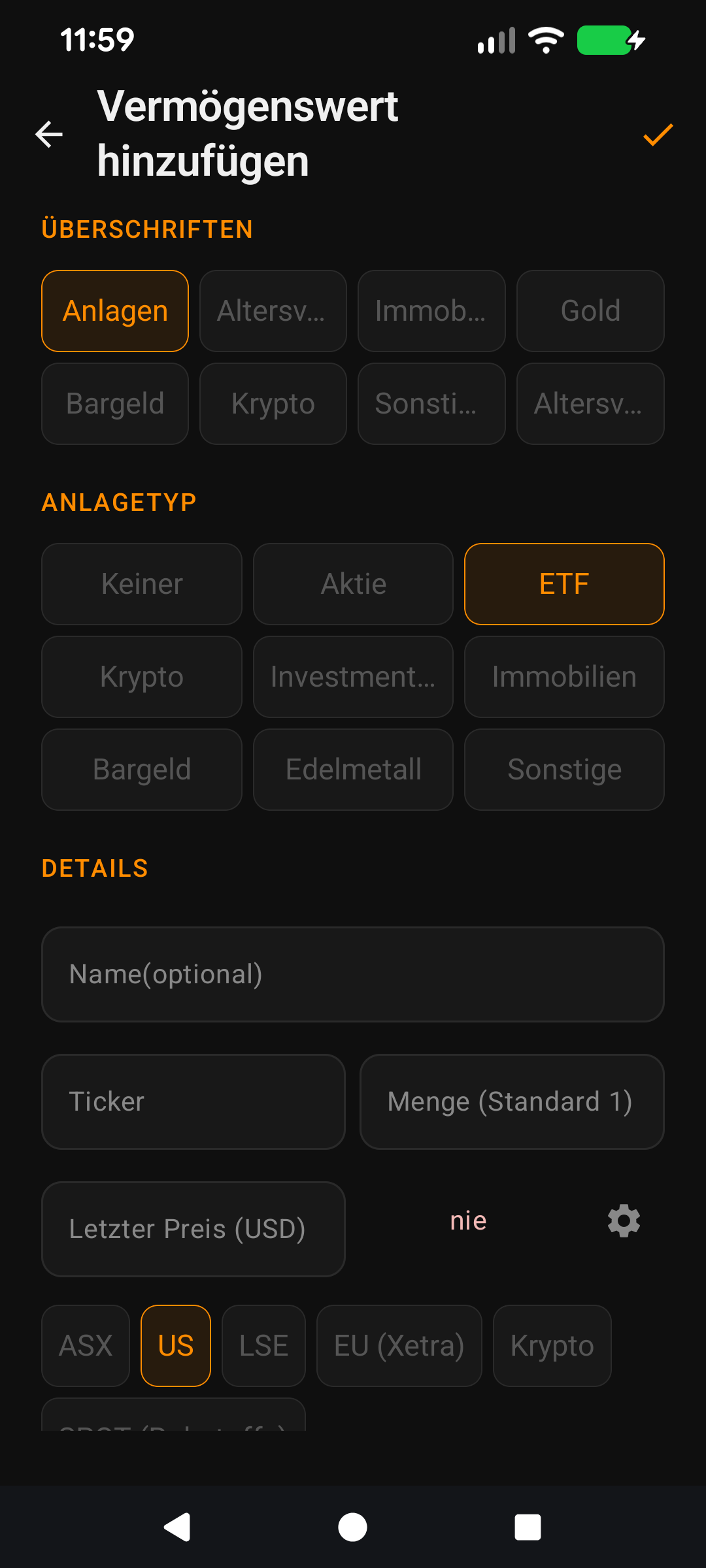 Ticker- und Mengenfelder teilen sich eine 50/50-Zeile