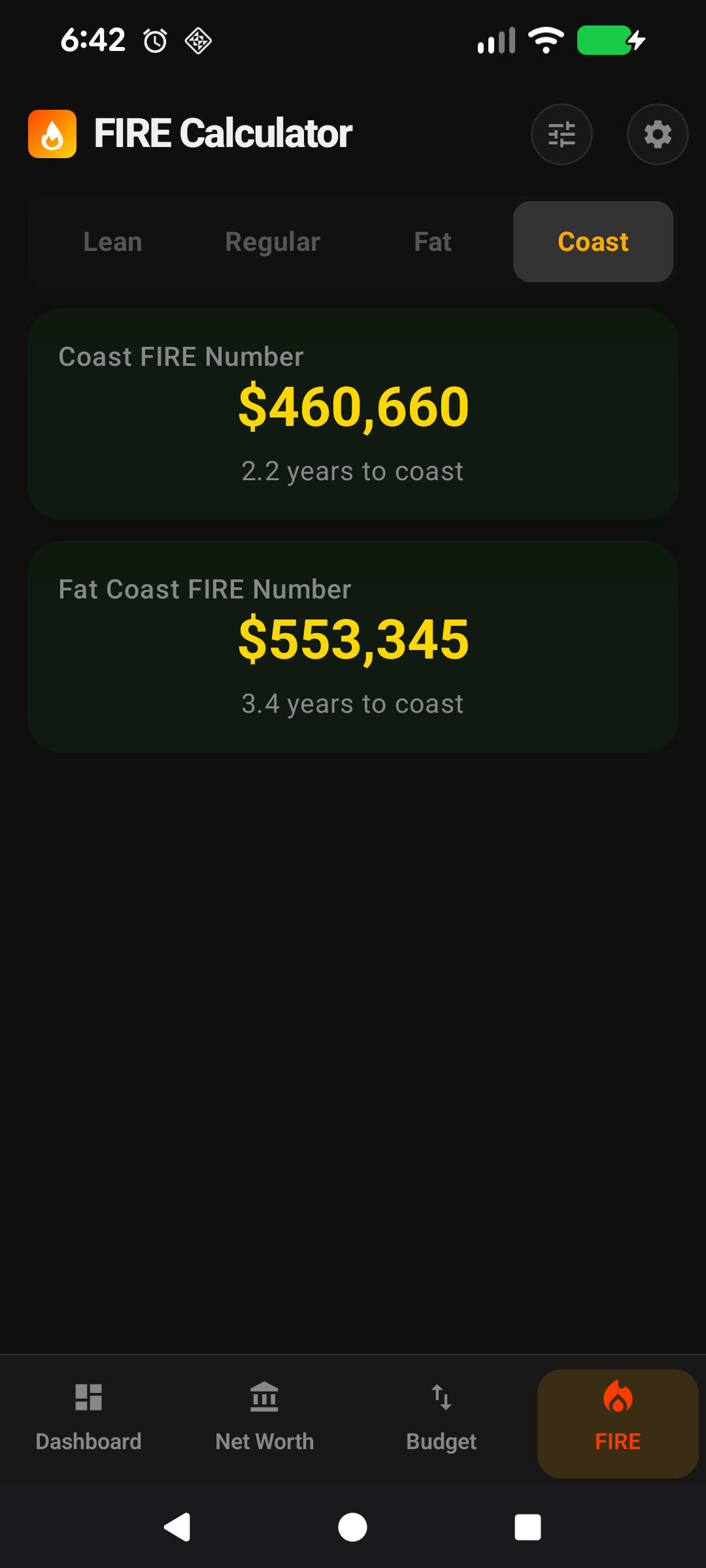 Coast FIRE tab with retirement-age and projection