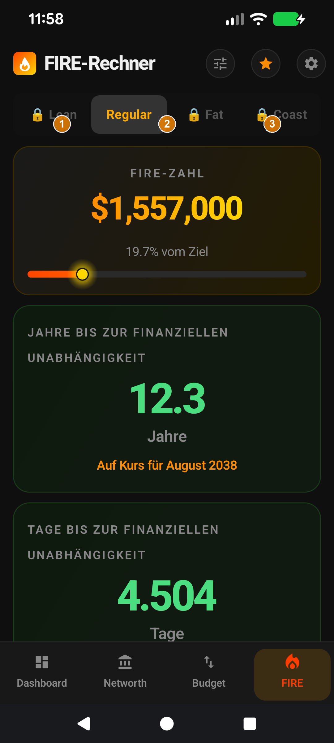 Die vier FIRE-Varianten nebeneinander mit Fortschritt