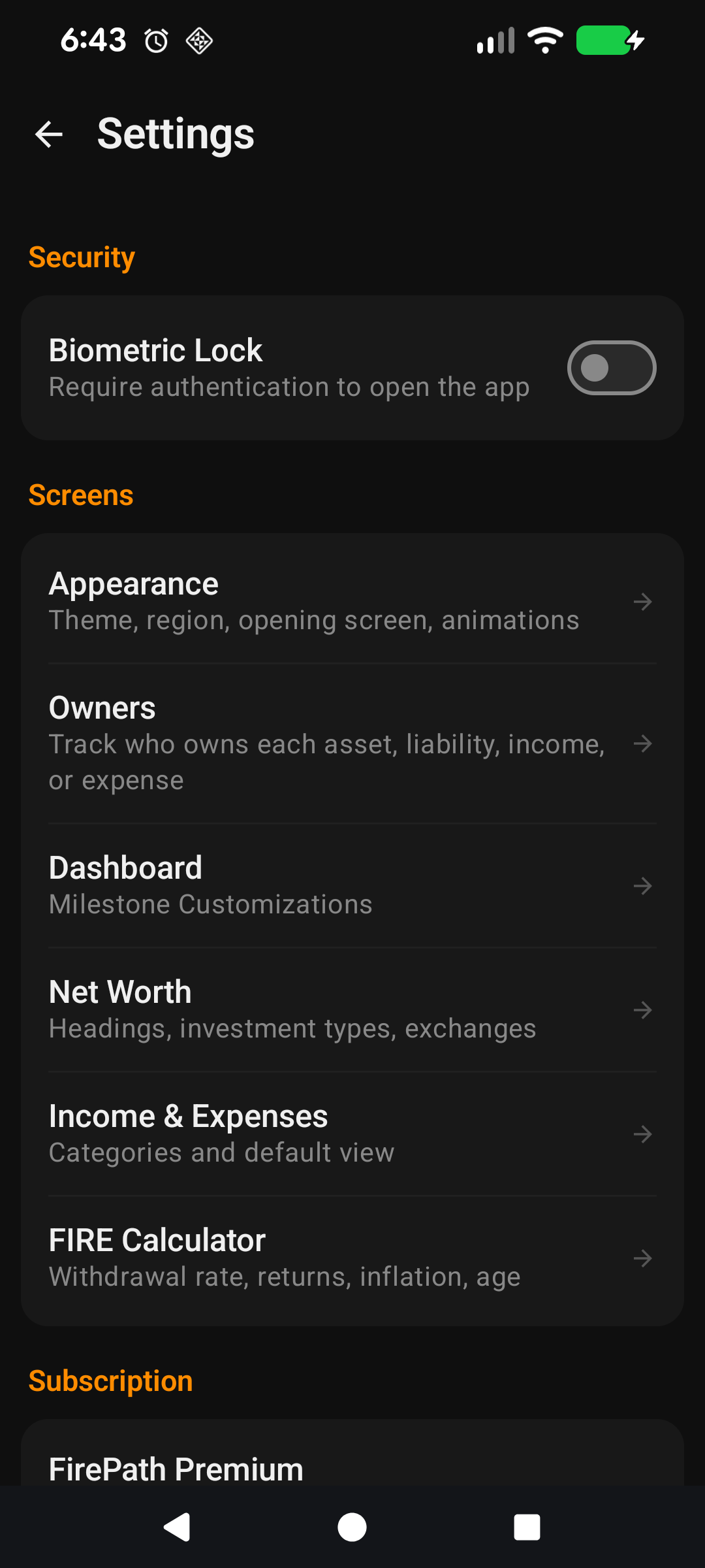 Biometric lock toggle in FirePath Settings