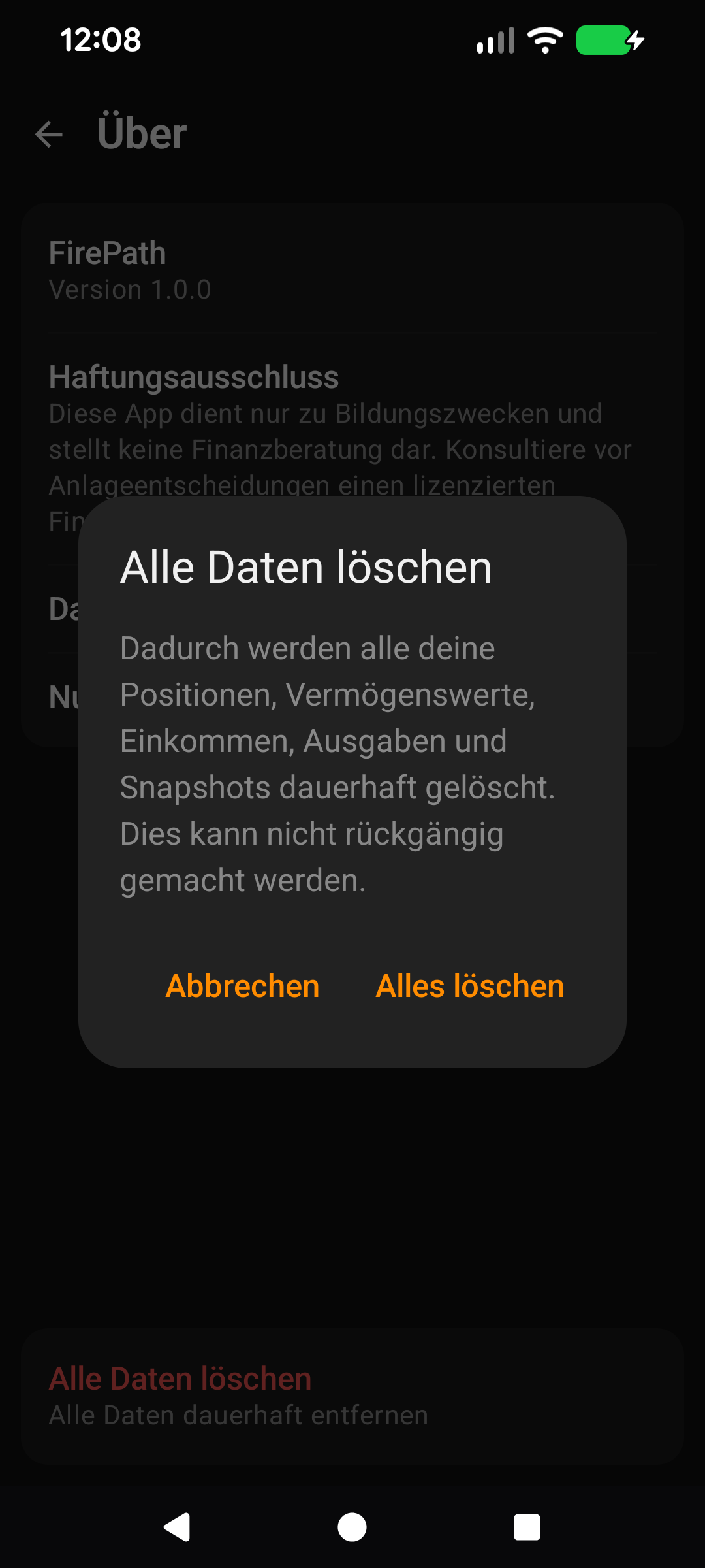 Bestätigungsdialog 'Alle Daten löschen'